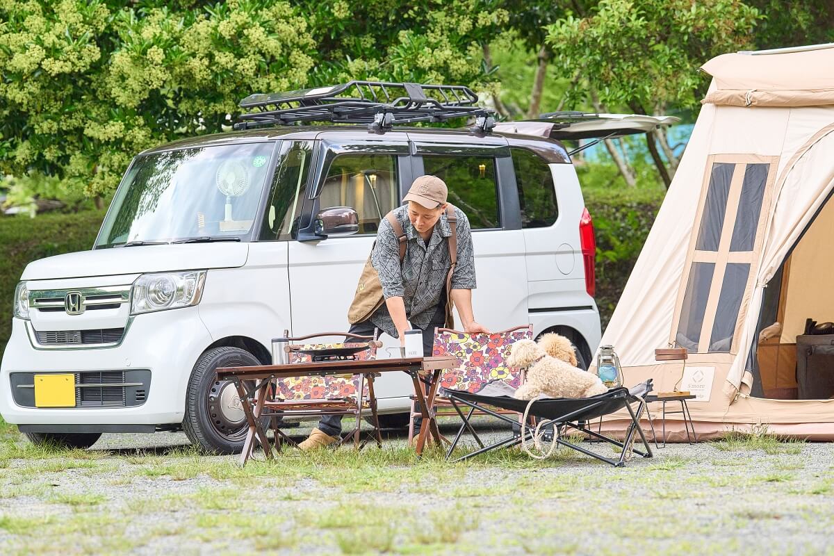 レトロな花柄のローチェアを並べている、さいとう夫婦のタローさん