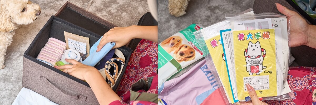 左は、ペットのアイテムをまとめたボックスを開けているところ。右は、はるぴんさんが愛犬手帳を手に持っているところ