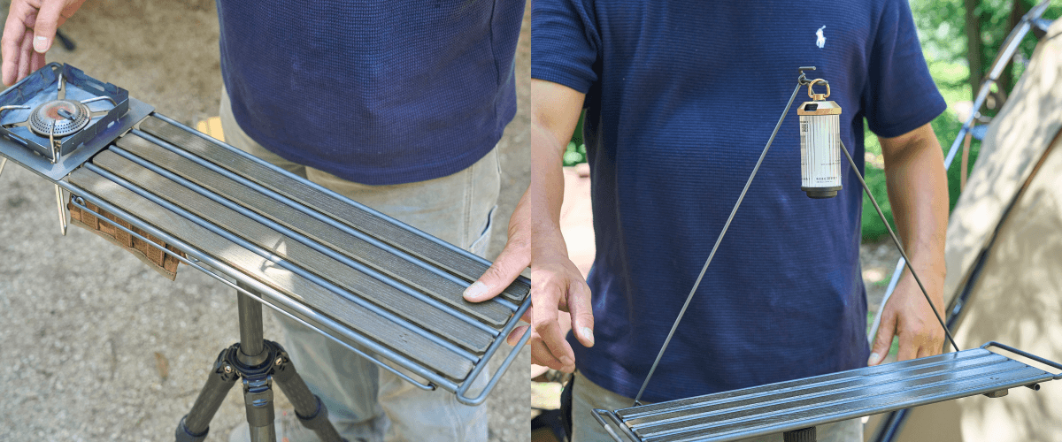 38exploreの「A38grate ロストル」に五徳を追加してテーブルとして使ったり、マルチハンガーを追加してランタンを吊るしたりしているところ