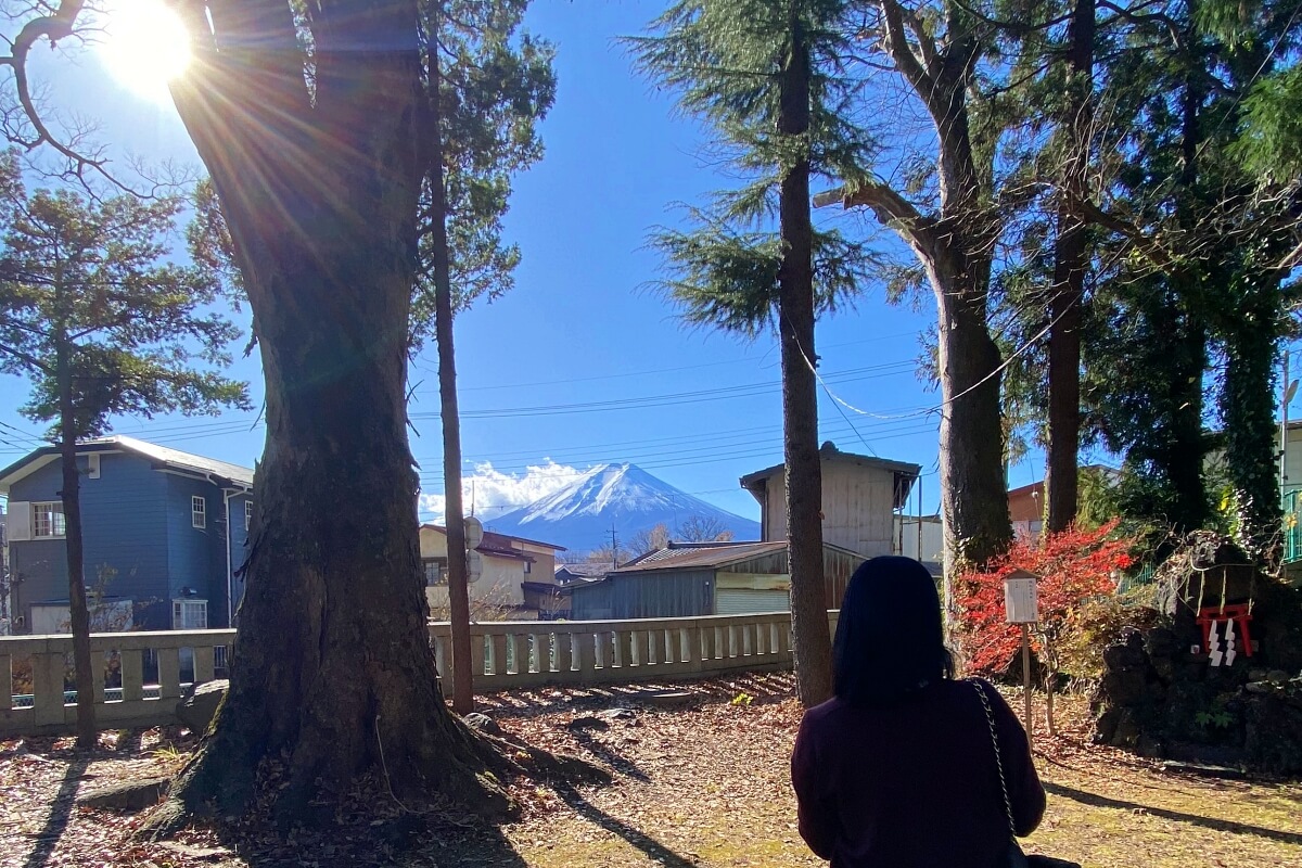  小室浅間神社の境内から富士山を望む辛酸なめ子さん