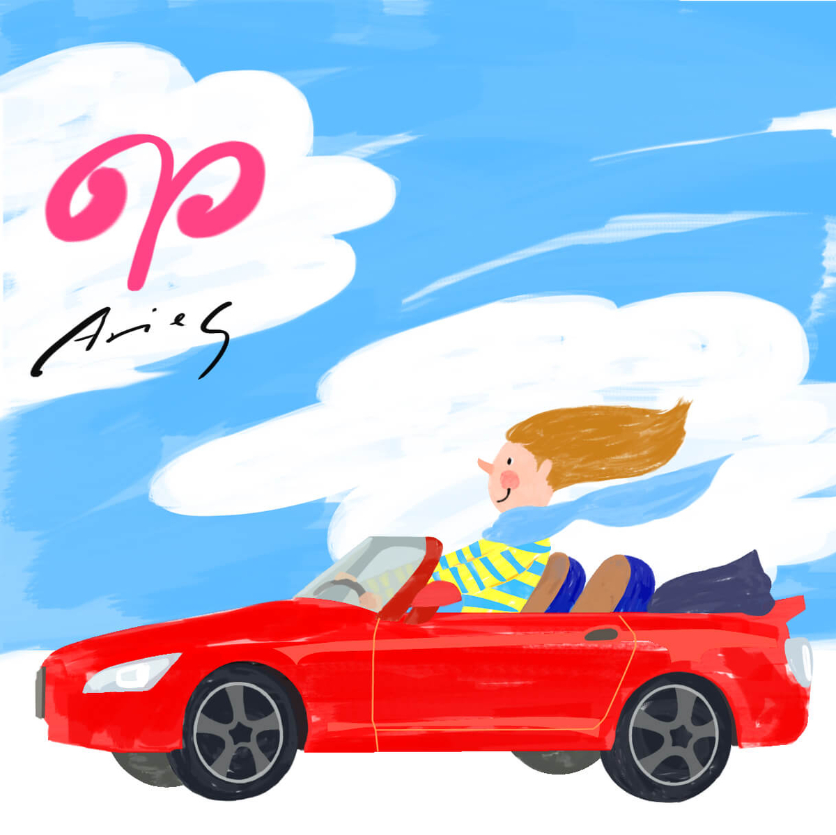 7月の牡羊座の運勢、7月の牡羊座の占い。恋愛運、仕事運アップ。牡羊座のイラスト。赤いスポーツカーを運転している女性