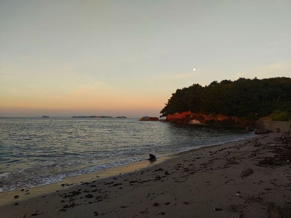2024愛知県佐久島旅行記ブログ・紫の砂浜といわれる新谷海岸から見る早朝の月その2