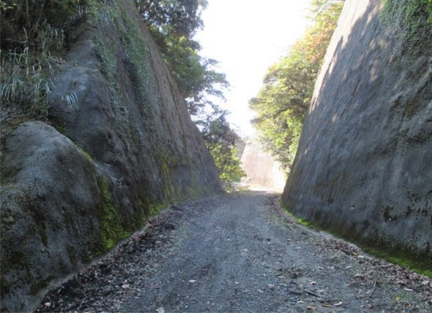 両サイドに岩壁のある保田駅へと向かう舗装道路