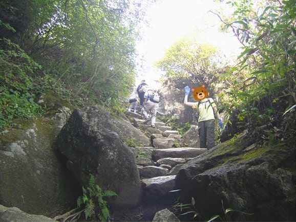 おたつ石コースの石段を振り返る友人