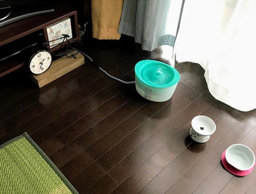 猫用給水器のコードにカバーをかけた