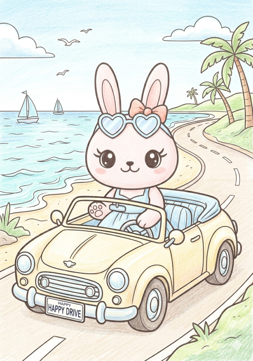 うさぎちゃんのドライブ 無料ぬりえ 介護レク かわいい 認知症予防