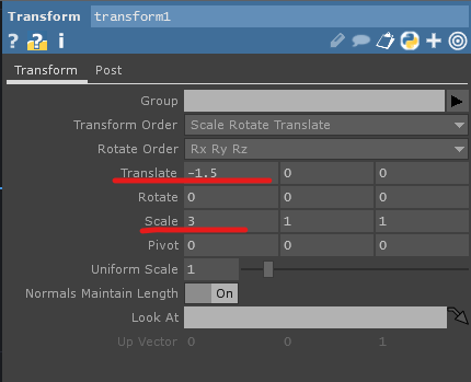 transform SOPのパラメーターです。Translateを-1.5に、Scaleを3にします。