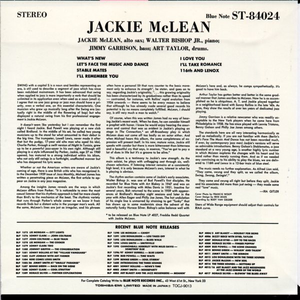 「Jackie McLean - Swing, Swang, Swingin' (Blue Note) 1959」マクリーンの人気ジャズスタンダード集