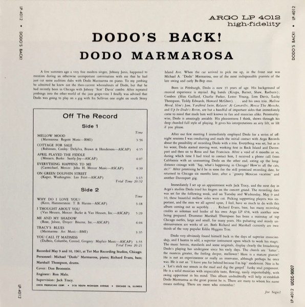 「Dodo Marmarosa - Dodo's Back! (Argo) 1962」飽きのこないスルメ盤的アルバム