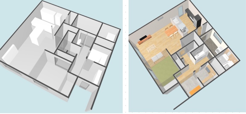 りのべっちの3D表示のサンプル画像(設備建材の指定なし・あり)
