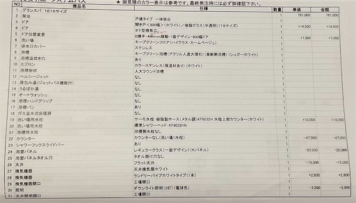 タカラスタンダード「グランスパ」見積もり内訳①