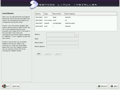 GentooInstaller 2008.0 2:マウントポイント編集