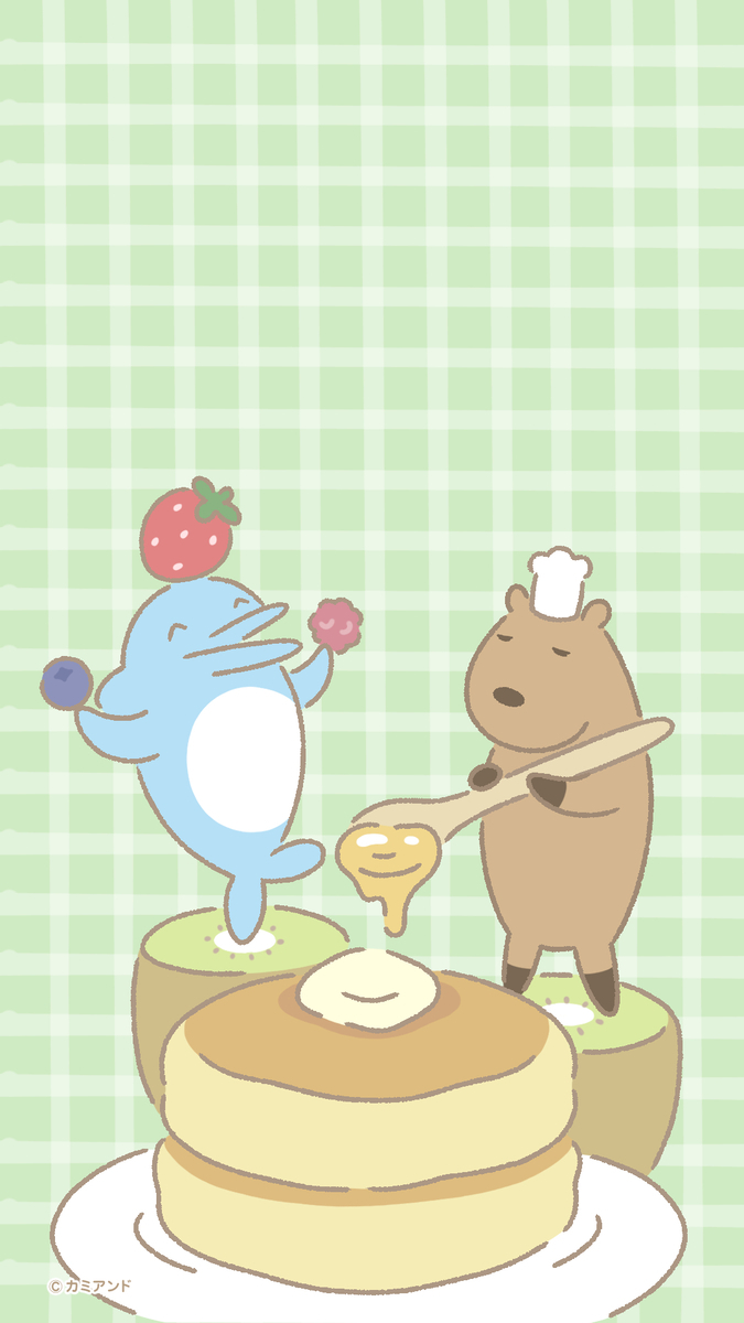 カピバラとイルカの奇妙な生活 パンケーキを作るカピバラとイルカのスマホ壁紙