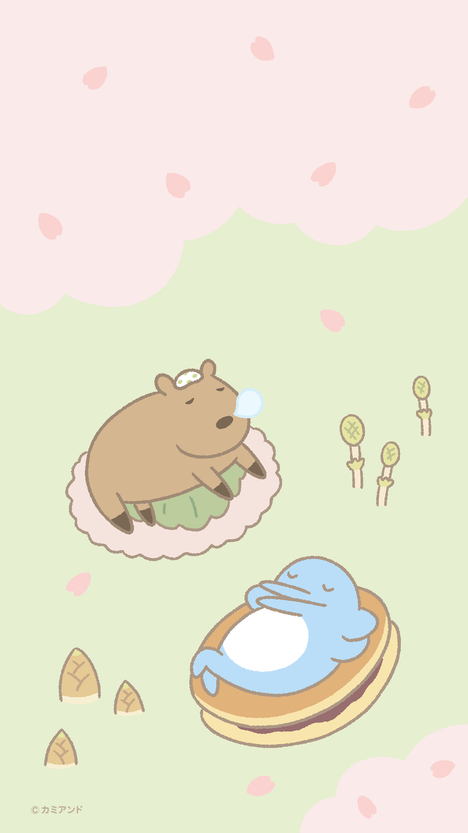 カピバラとイルカの奇妙な生活　春のお花見を楽しむスマホ壁紙