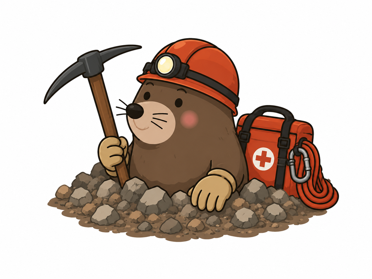 つるはしを持ち、ヘルメットをかぶったモグラが土から出てきた様子、イラスト
