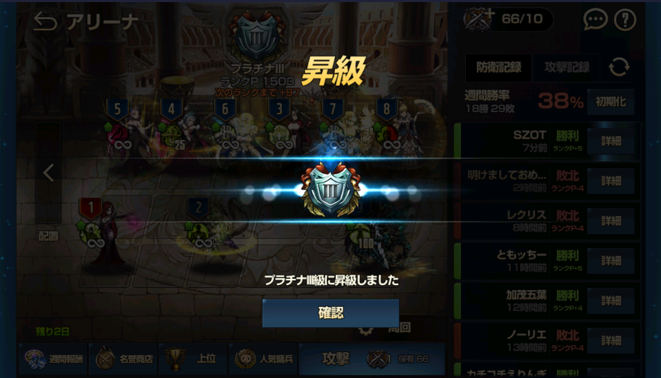 アリーナプラチナⅢ級へ昇級