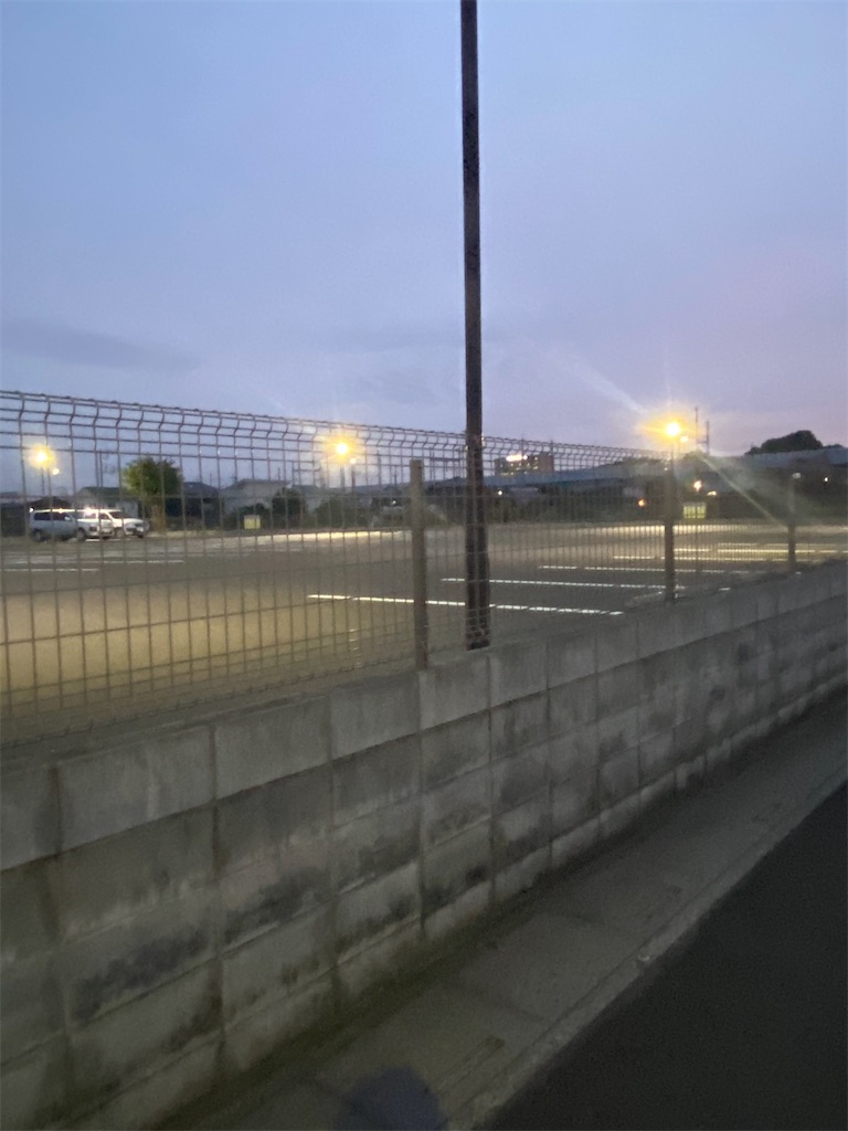 夕方の薄暗い道に街灯が灯って光っている。