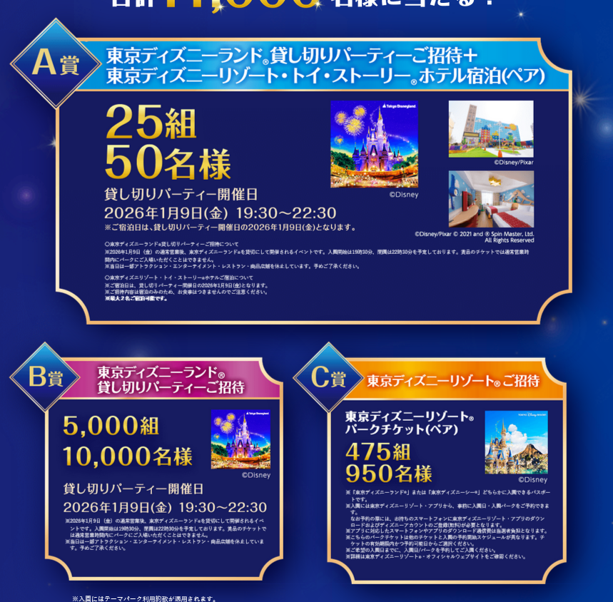 カルビー　東京ディズニーランド　貸切　2名 カルビーの対象商品を買うと東京ディズニーランドの貸切パーティが1万
