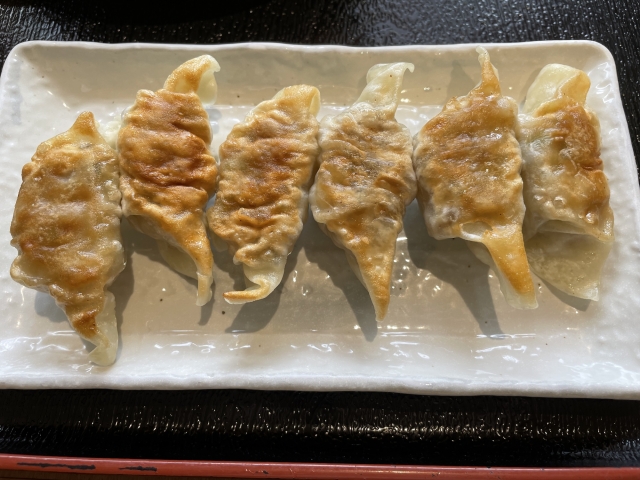 四角い皿に盛られた薄皮焼き餃子