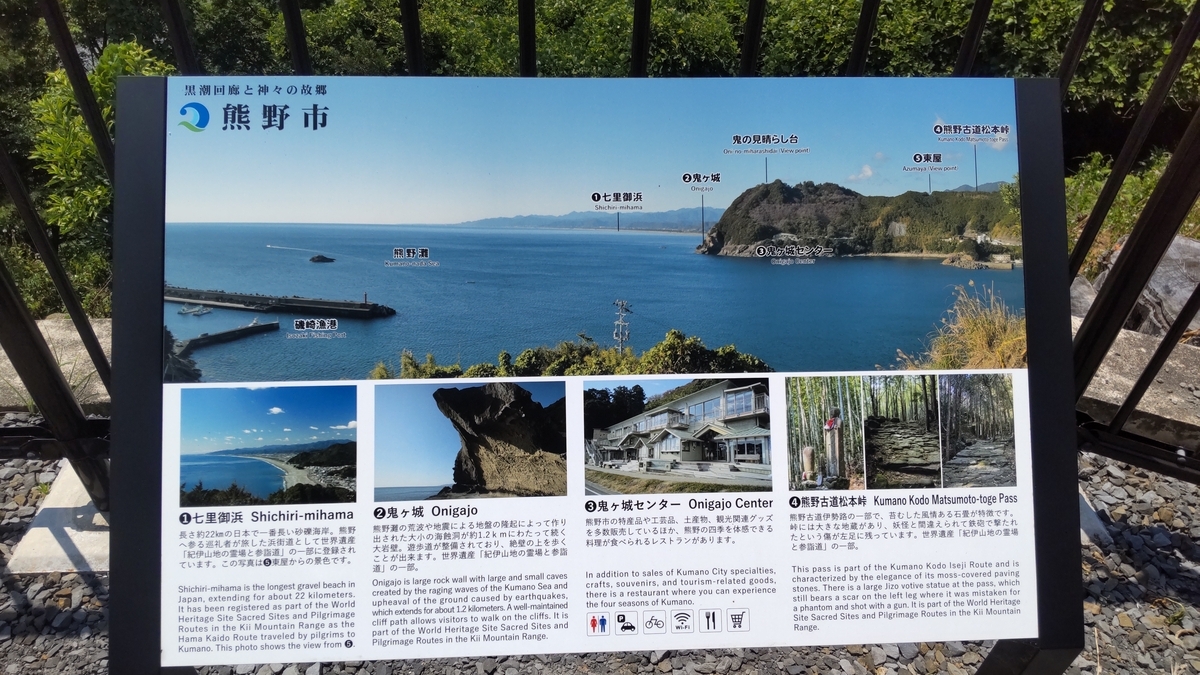 熊野市国道311号沿いにある熊野市名所が眺められる観光案内板