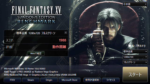 「Lenovo ThinkCentre M75q-1 Tiny」FINAL FANTASY XV (FF15) ベンチマーク 「Lenovo ThinkCentre M75q-1 Tiny」FINAL FANTASY XV (FF15) ベンチマーク