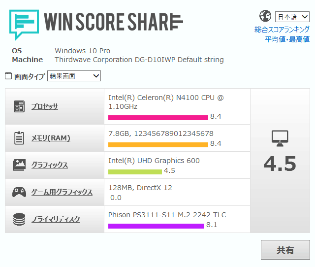Windowsタブレット「raytrektab」DG-D10IWP ベンチマーク