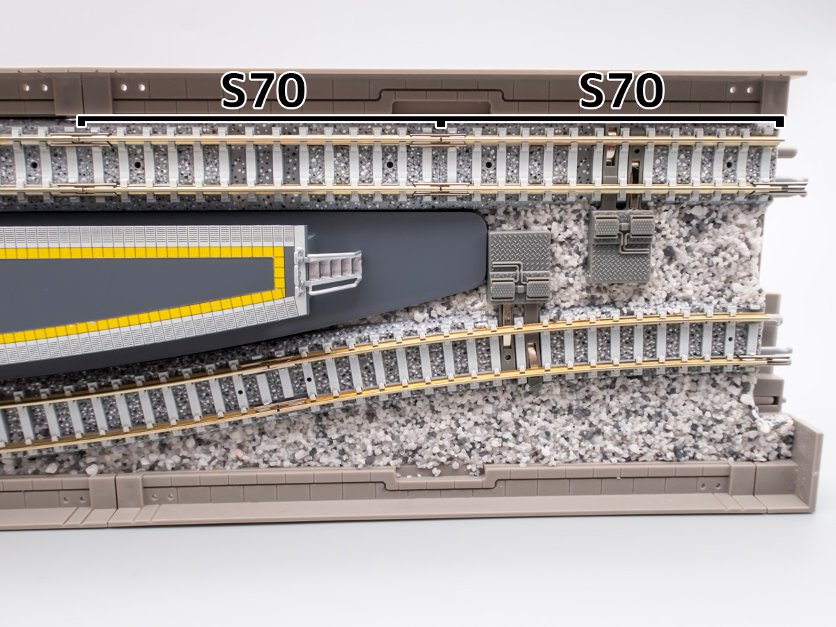 Nゲージの島式ホームのカーブにバラストを撒く