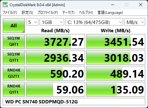 Crystal Disk Mark (WD PC SN740 512GB)