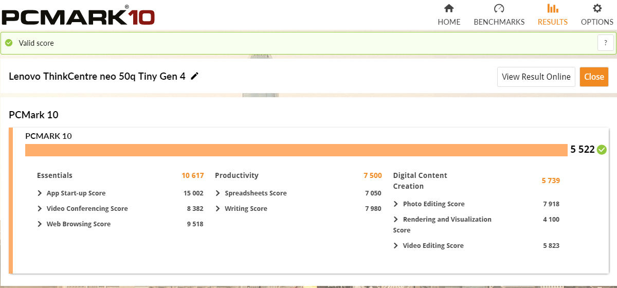 Lenovo ThinkCentre neo 50q Tiny Gen4 ベンチーマーク PCMARK10