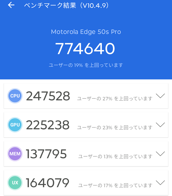 Motorola Edge 50s Pro AnTuTuスコア フレッシュレート自動