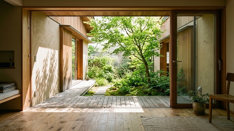 夏の強い日差しが差し込む、木とベージュを基調としたミニマリストな30坪の中庭住宅。豊かな植栽が配され、光のきらめきが感じられる。