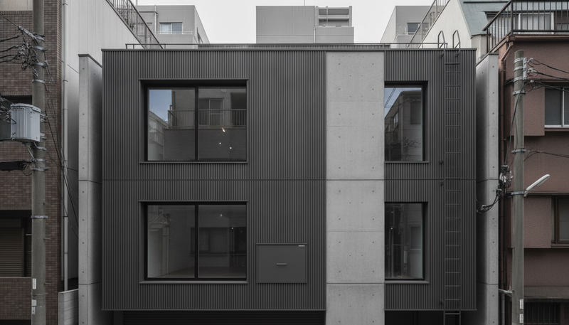 都市部に立つ、高耐久素材で構成されたモダンな住宅の外観。自然光が当たり、機能性と美しさを兼ね備えたシンプルなデザインが際立っている。