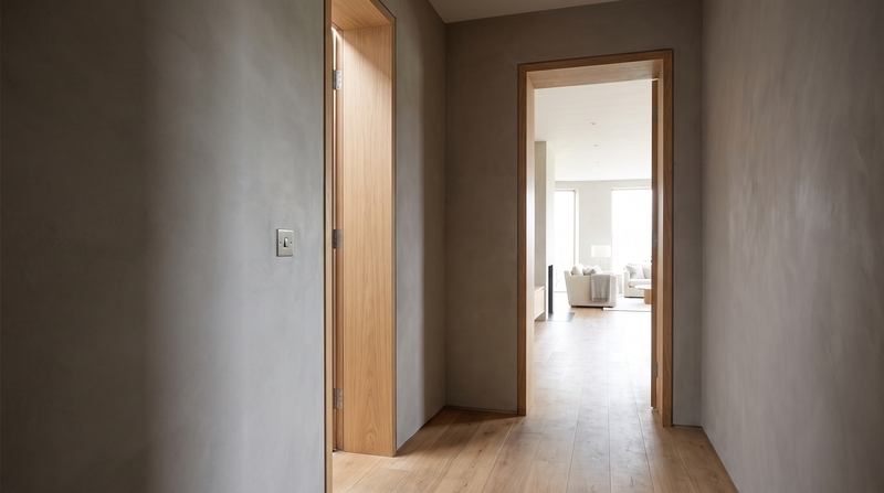 リノベーションされた住宅の、細い木製建具の隣に配置されたシンプルな白い照明スイッチ。奥には光が差し込むリビングが広がり、空間の連続性を感じさせる。壁面とスイッチの調和が取れている。
