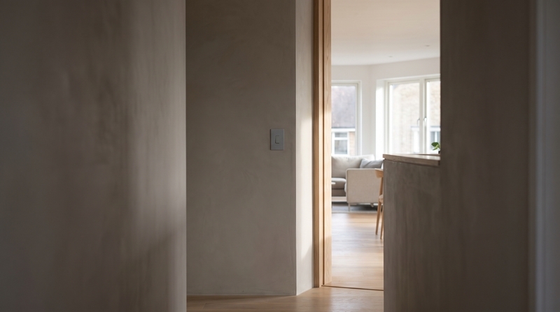 リノベーションされた住宅の、細い木製建具の隣に配置されたシンプルな白い照明スイッチ。奥には光が差し込むリビングが広がり、空間の連続性を感じさせる。壁面とスイッチの調和が取れている。