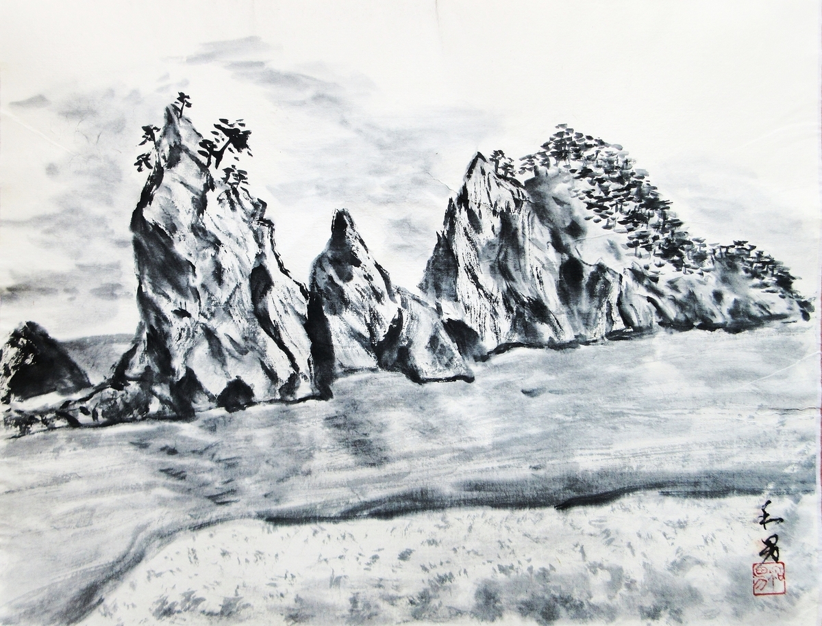 水墨画「三陸の海～浄土ヶ浜」 - 里山悠々録