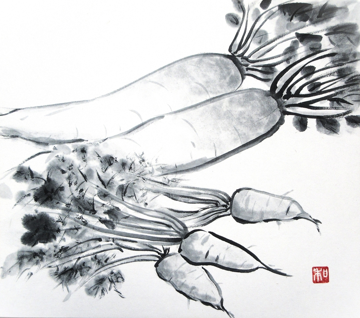 水墨画「青首大根と五寸人参」 - 里山悠々録