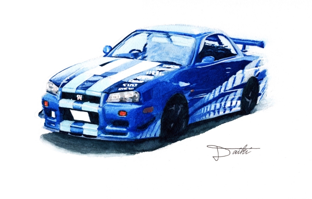 車イラスト − SKYLINE R34の水彩イラストを描かせて頂きました