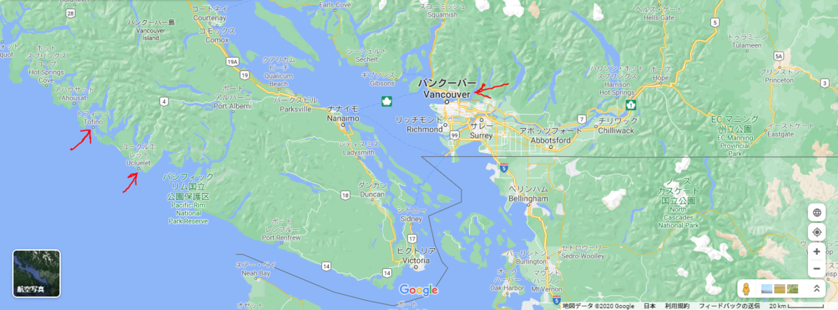 トフィーノ(Tofino)とユークルエレット(Ucluelet)とバンクーバー(Vancouver)の位置関係