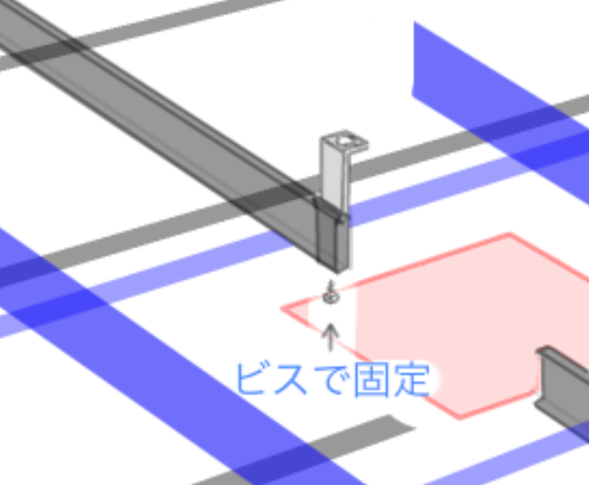 開口補強時ハンガーがチャンネルの端部にきてしまった場合は外れないようにビス固定すると良い