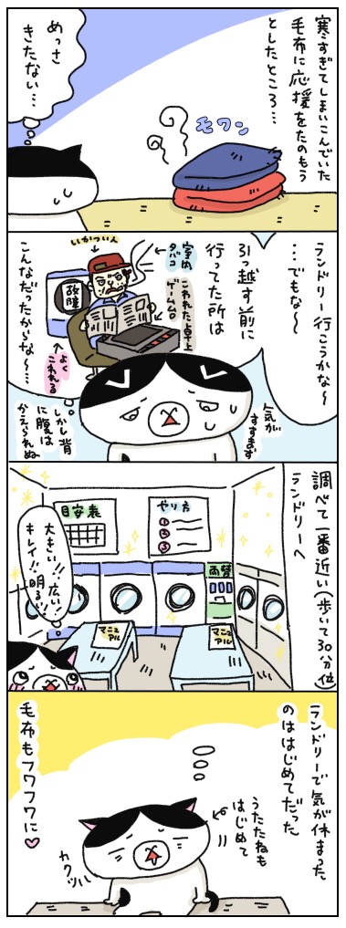 寒すぎて、毛布を洗いにランドリーへ行きました。 年の差猫夫婦マンガ