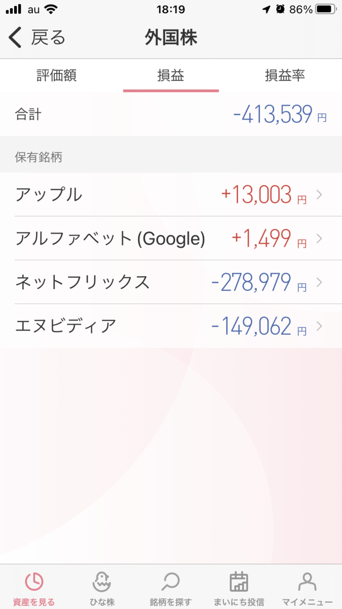 CONNECT証券アプリ「ひな株USA」の米国株評価損益画面。含み損がマイナス40万円を超えている。