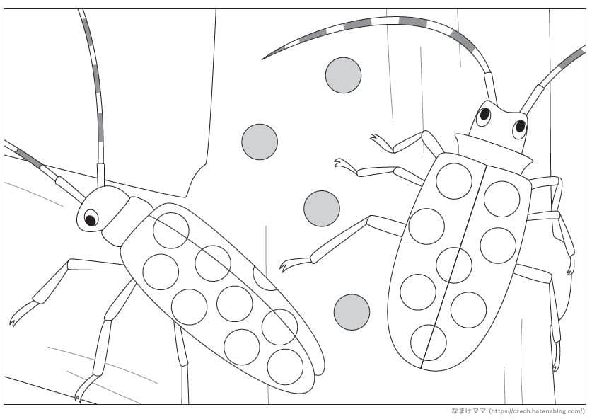 丸シール貼り台紙　カミキリムシ