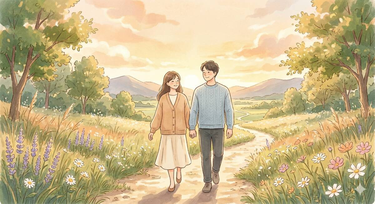四柱推命で相性が良い命式をイメージした男女が自然に歩くイラスト