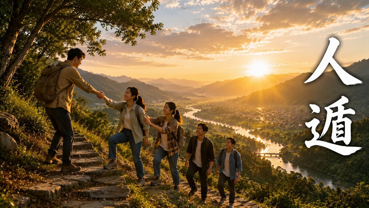奇門遁甲の吉格「人遁」を表す、仲間と相談しながら山道を進む夕日の風景