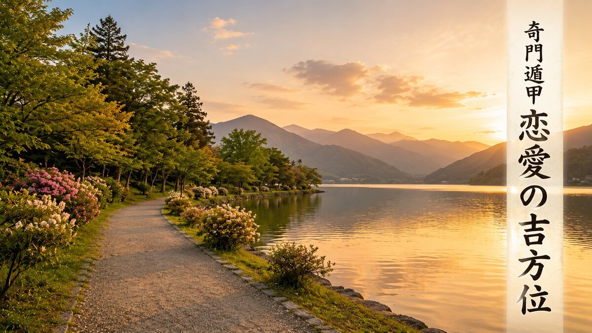 奇門遁甲の恋愛の吉方位を表す、夕日に照らされた湖畔の小道と山並みの風景