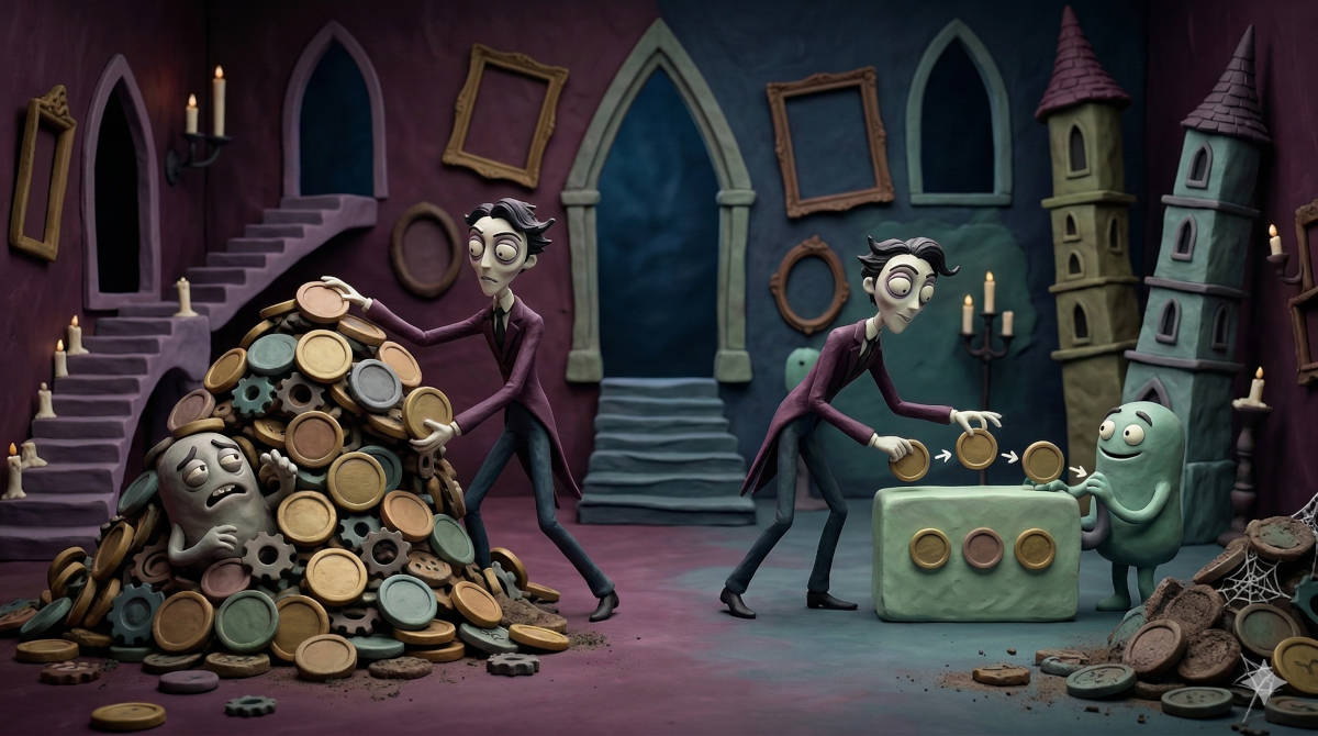 ティム・バートン風の不気味なクレイメーション（粘土アニメーション）セット。左側では、紫色のタキシードを着た細身の男が、小さなタスクアイコンが描かれた大量のコインと歯車の山を前に圧倒されている。山の中には悲しげな目玉のあるクレイのモンスターが埋もれている。右側では、同じ男が、笑顔の小さな緑色モンスターのために、3つの投入口がある小さなクレイの機械にコインを投入している。機械への投入は矢印で示されている。背景には歪んだゴシック調の部屋、歪んだ空のフレーム、ろうそく、不均整な塔のような建物がある。画像は、大量のデータやタスク（混沌）と、それを整理して効率的に処理するシステム（目的のあるアクション）との対比を描いている。