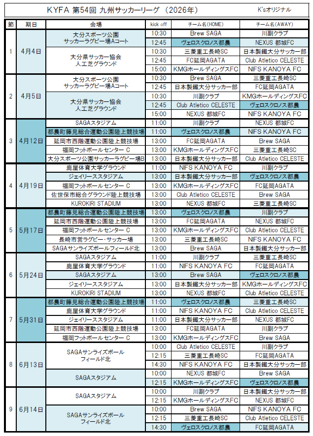 KYFA 第54回 九州サッカーリーグ 試合日程表 (K'sオリジナル) - きっ