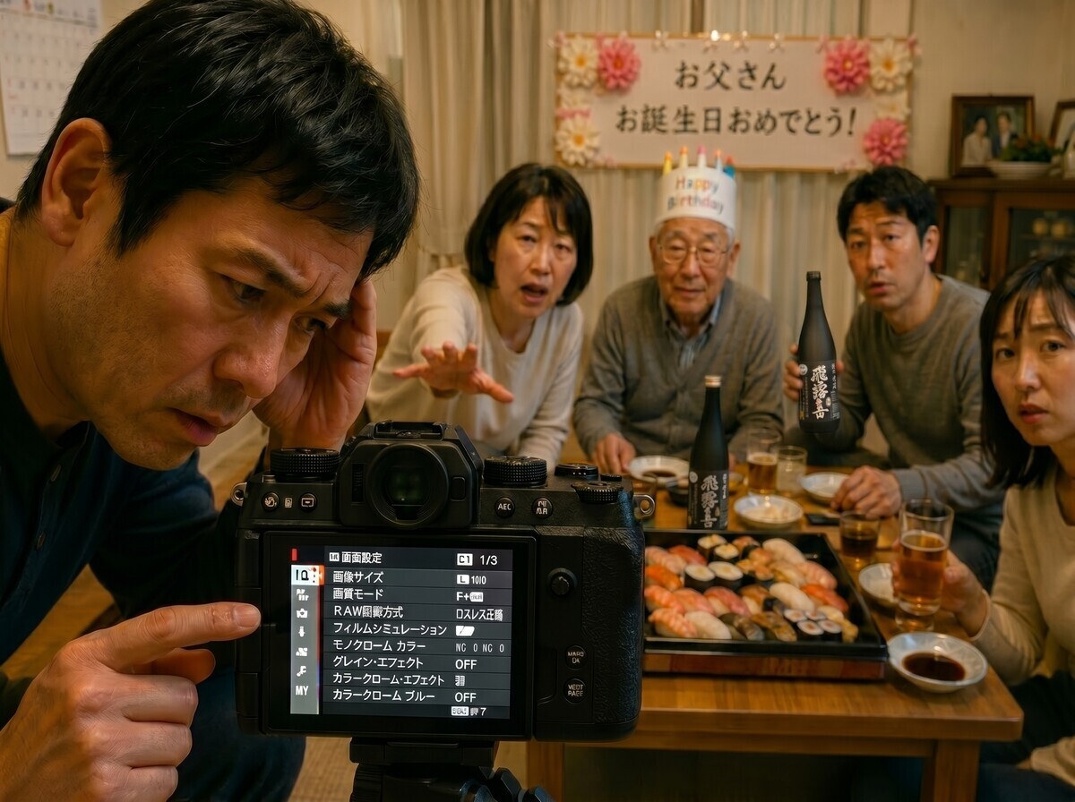 誕生日会の記念撮影でセルフタイマーの設定が分からず、カメラの画面を見つめて頭を抱える男性と、背後で待ちくたびれる家族の様子