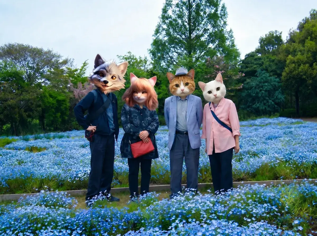満開のネモフィラ花畑に立つ、オオカミ、ネコ、トラネコ、白猫の擬人化された動物の頭を持つ4人の人物の記念撮影