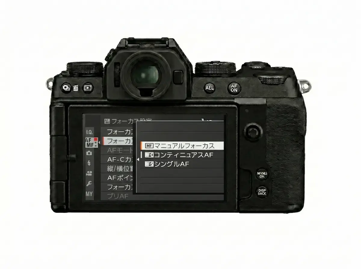 ミラーレスカメラの背面液晶に表示されたフォーカス設定メニューで、「マニュアルフォーカス（MF）」が選択されている画面
